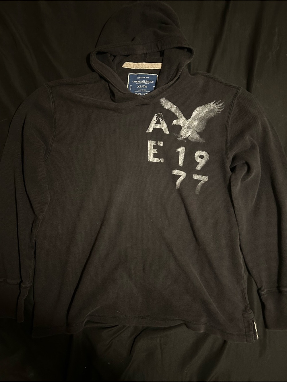 American Eagle Outfitters Black Hoodie with Silver Graphic Eagle